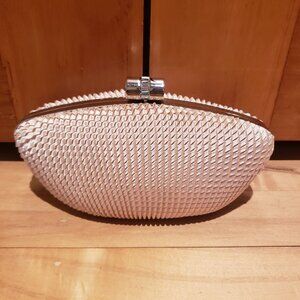 Sondra Roberts Pleated Satin Clutch Rhinestone Clasp Cream Champagne Chain Strap